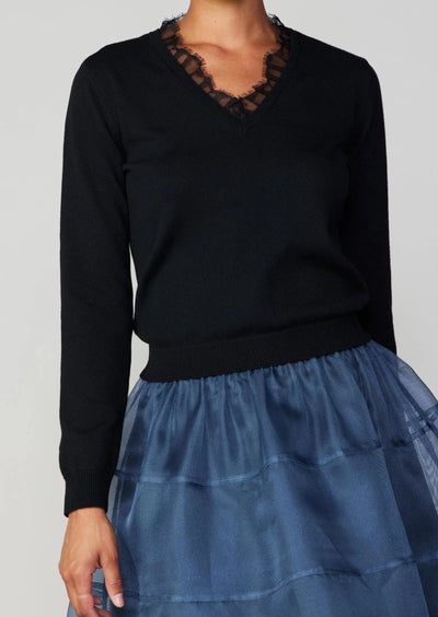 The Pink Door Lace Collar V-neck Sweater - Black Media 1 of 4
