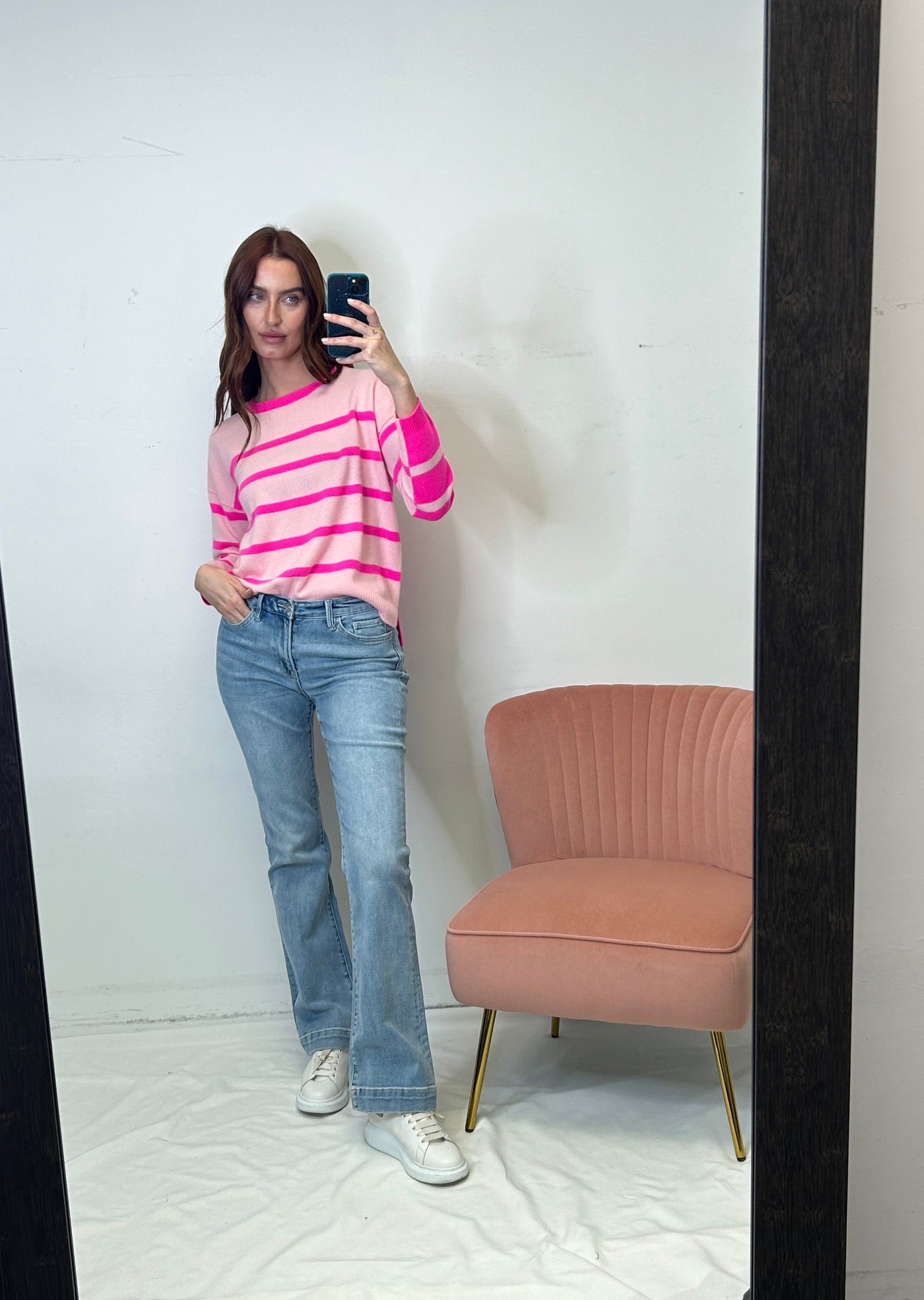 Brodie Two Tone Boxy Stripe Sweater - Cherry Blossom/Barbie Pink