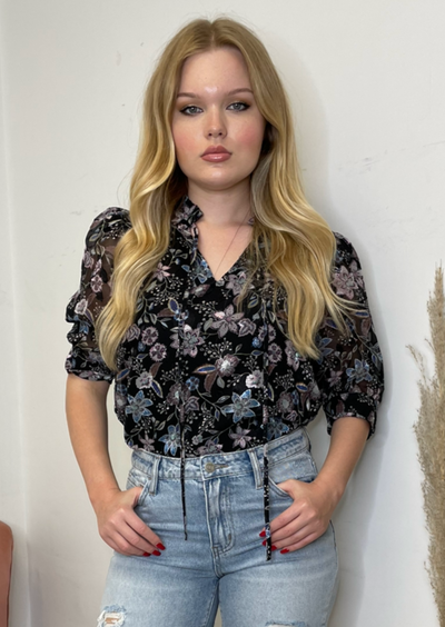 The Pink Door Floral Print Blouse - Black