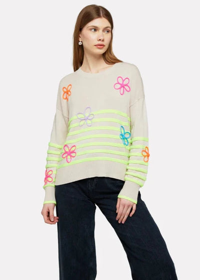 WISPR Violet Floral Stripe Crew Top Canvas/Neon Yellow