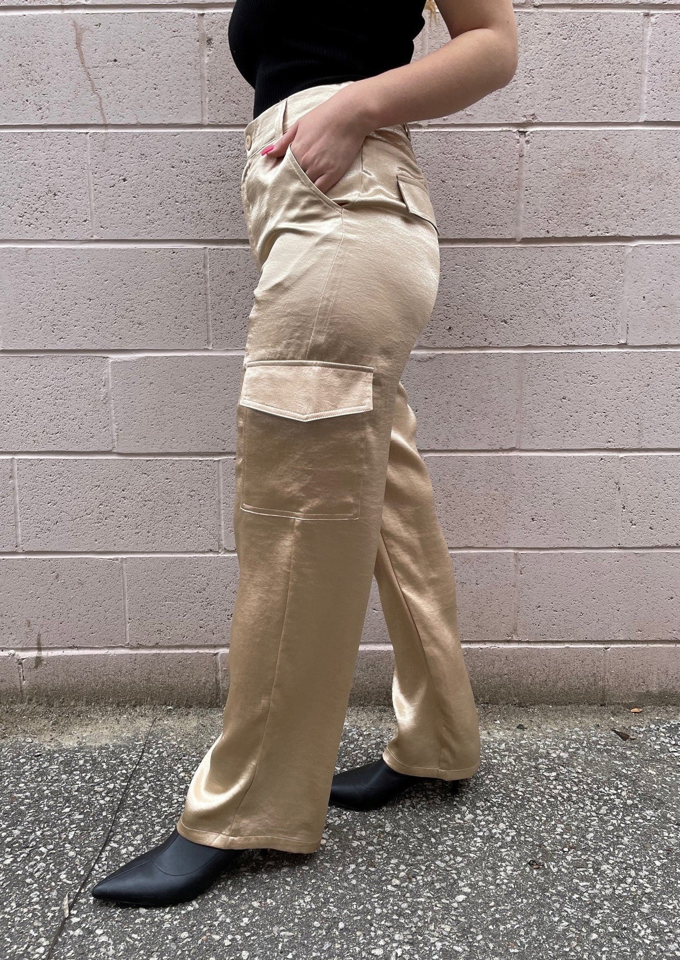 The Pink Door Silky Trousers w/ Cargo Pockets - Gold