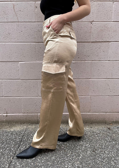 The Pink Door Silky Trousers w/ Cargo Pockets - Gold