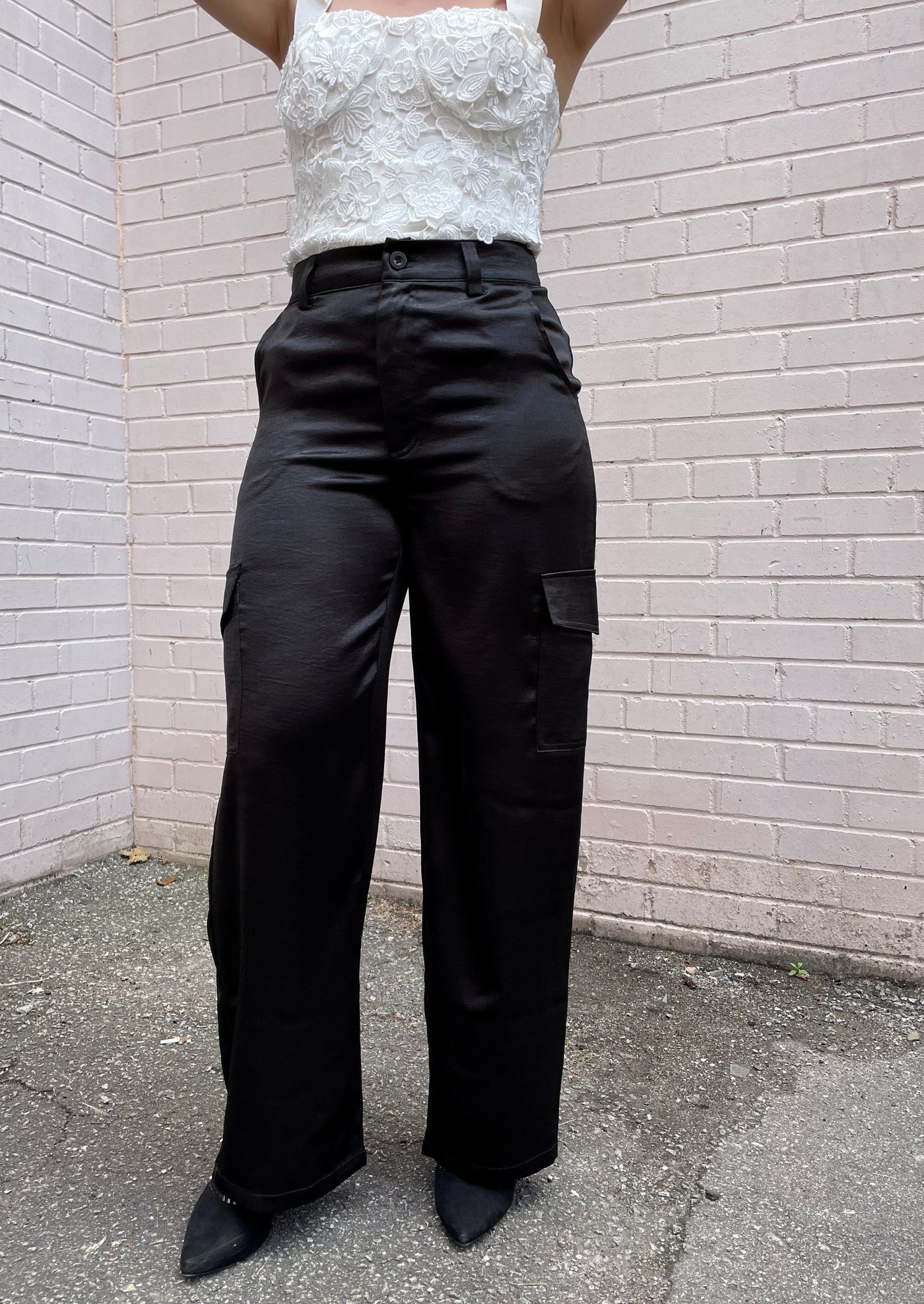 The Pink Door Silky Trousers w/ Cargo Pockets - Black