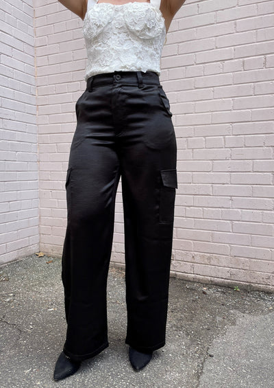 The Pink Door Silky Trousers w/ Cargo Pockets - Black