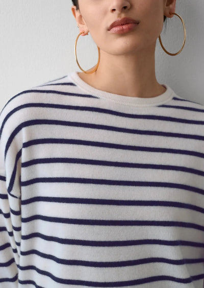 White + Warren Drop Shoulder Striped Cashmere Sweater - White/Navy