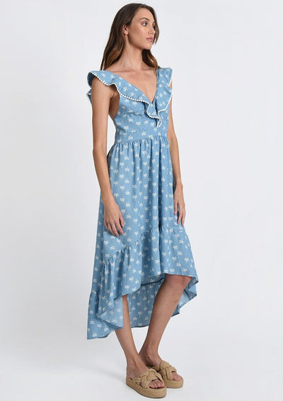 Molly Bracken High Low Dress w/ Ruffle Sleeve Detail - Blue