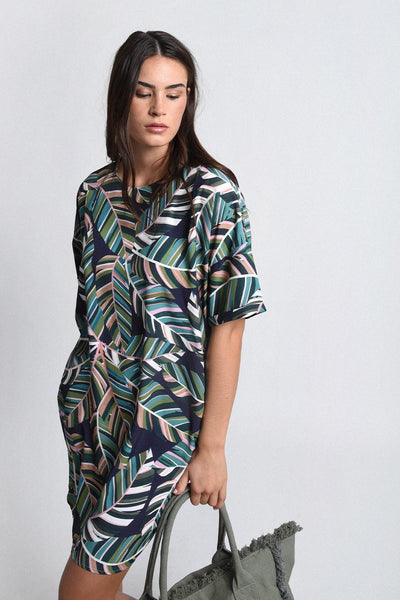 Molly Bracken Leaf Print Straight Shirt Dress - Green Aloha