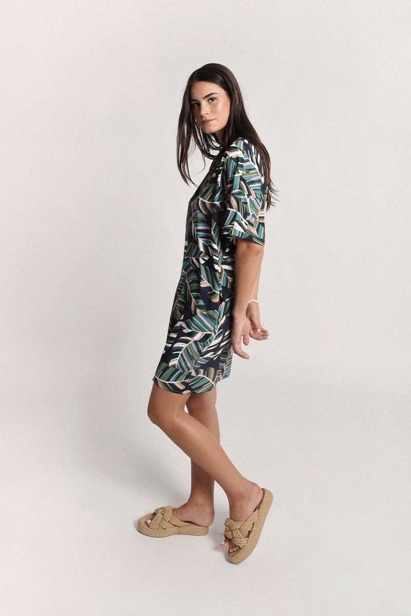 Molly Bracken Leaf Print Straight Shirt Dress - Green Aloha