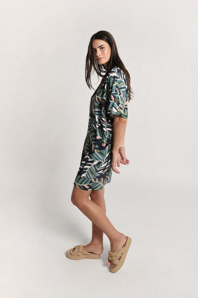 Molly Bracken Leaf Print Straight Shirt Dress - Green Aloha