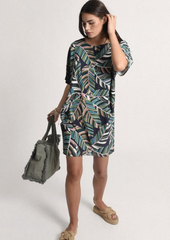 Molly Bracken Leaf Print Straight Shirt Dress - Green Aloha