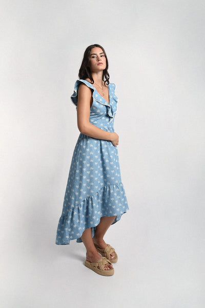 Molly Bracken High Low Dress w/ Ruffle Sleeve Detail - Blue
