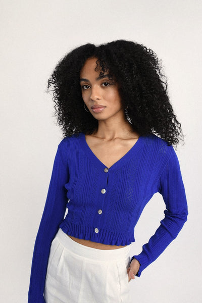 Molly Bracken Ruffle V-Neck Cardigan - Cobalt Blue