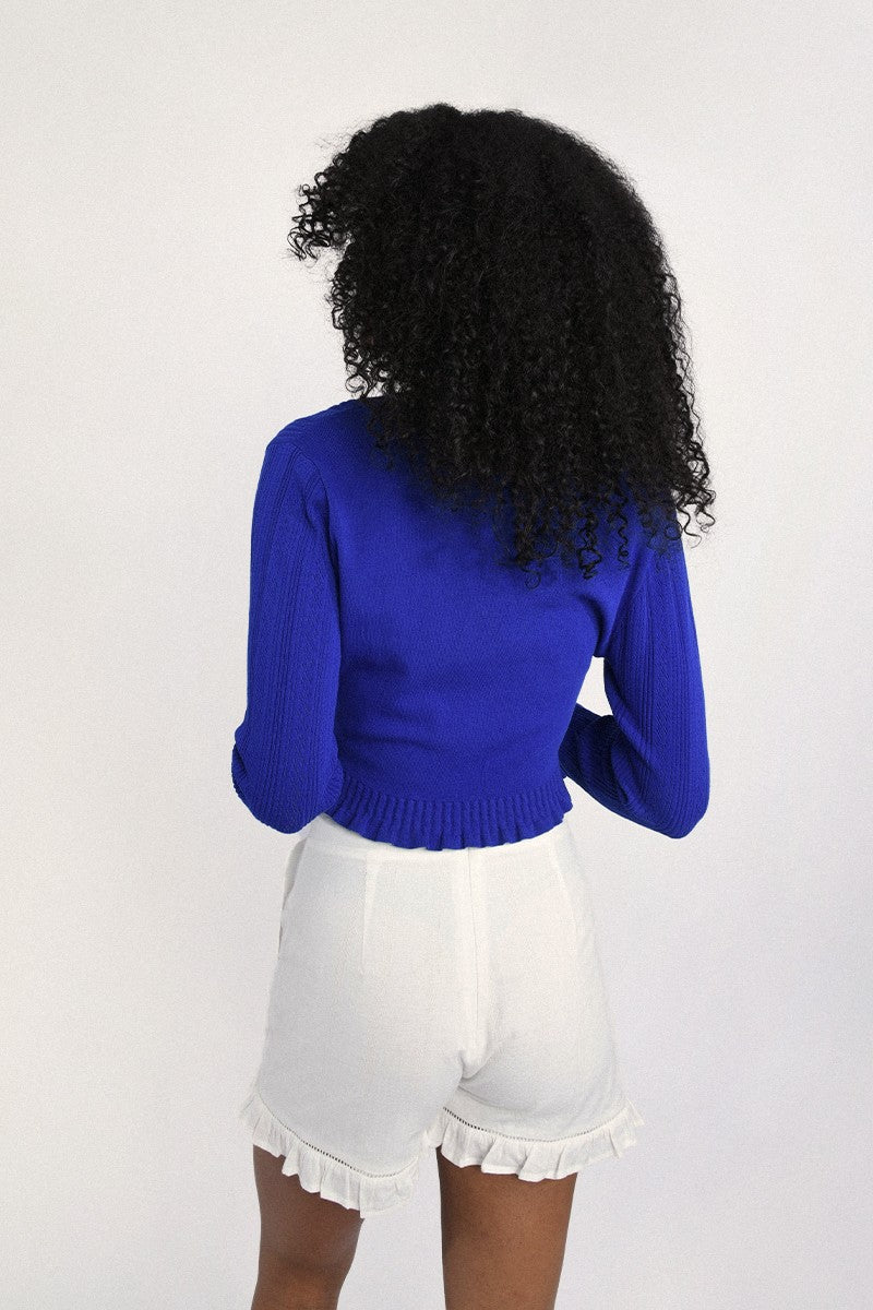 Molly Bracken Ruffle V-Neck Cardigan - Cobalt Blue