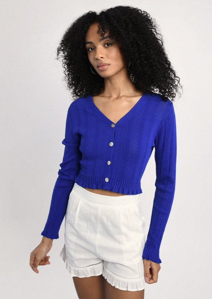 Molly Bracken Ruffle V-Neck Cardigan - Cobalt Blue