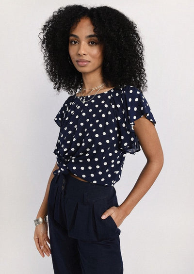 Molly Bracken Petal Sleeves Polka Dot Print Top - Navy