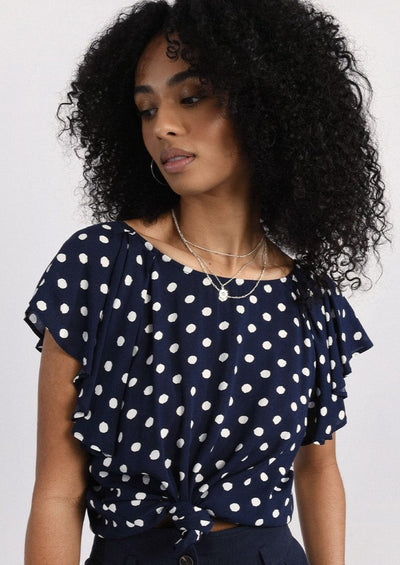 Molly Bracken Petal Sleeves Polka Dot Print Top - Navy
