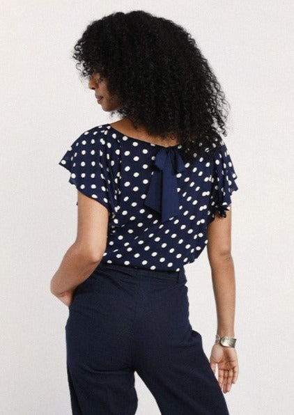Molly Bracken Petal Sleeves Polka Dot Print Top - Navy