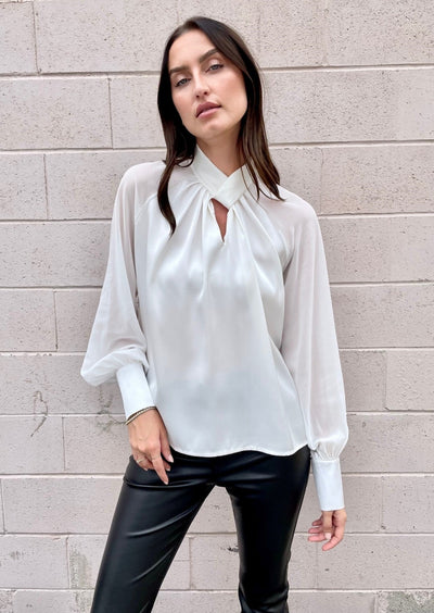 The Pink Door Satin Twisted Neck Blouse - White
