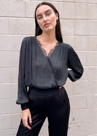 The Pink Door Crossover Blouse w/ Lace - Black