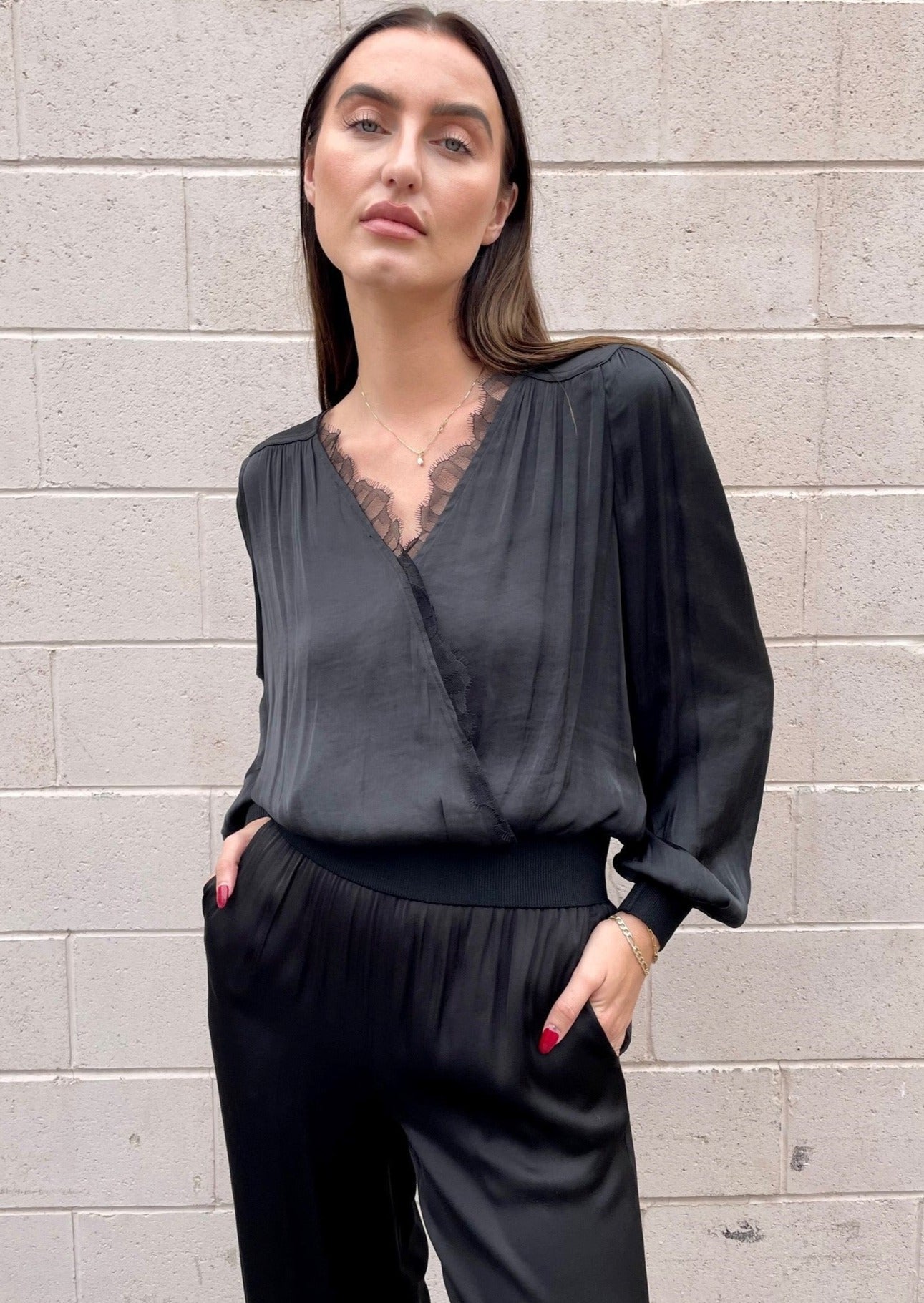 The Pink Door Crossover Blouse w/ Lace - Black