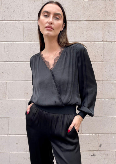 The Pink Door Crossover Blouse w/ Lace - Black