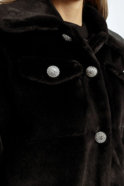 Molly Bracken Faux Fur Cropped Jacket w/ Bling Buttons Black