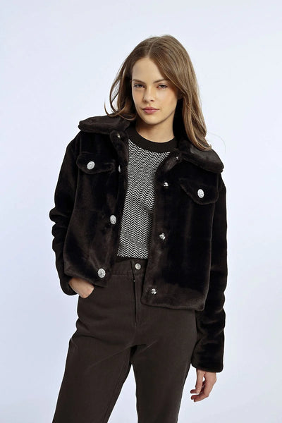 Molly Bracken Faux Fur Cropped Jacket w/ Bling Buttons Black