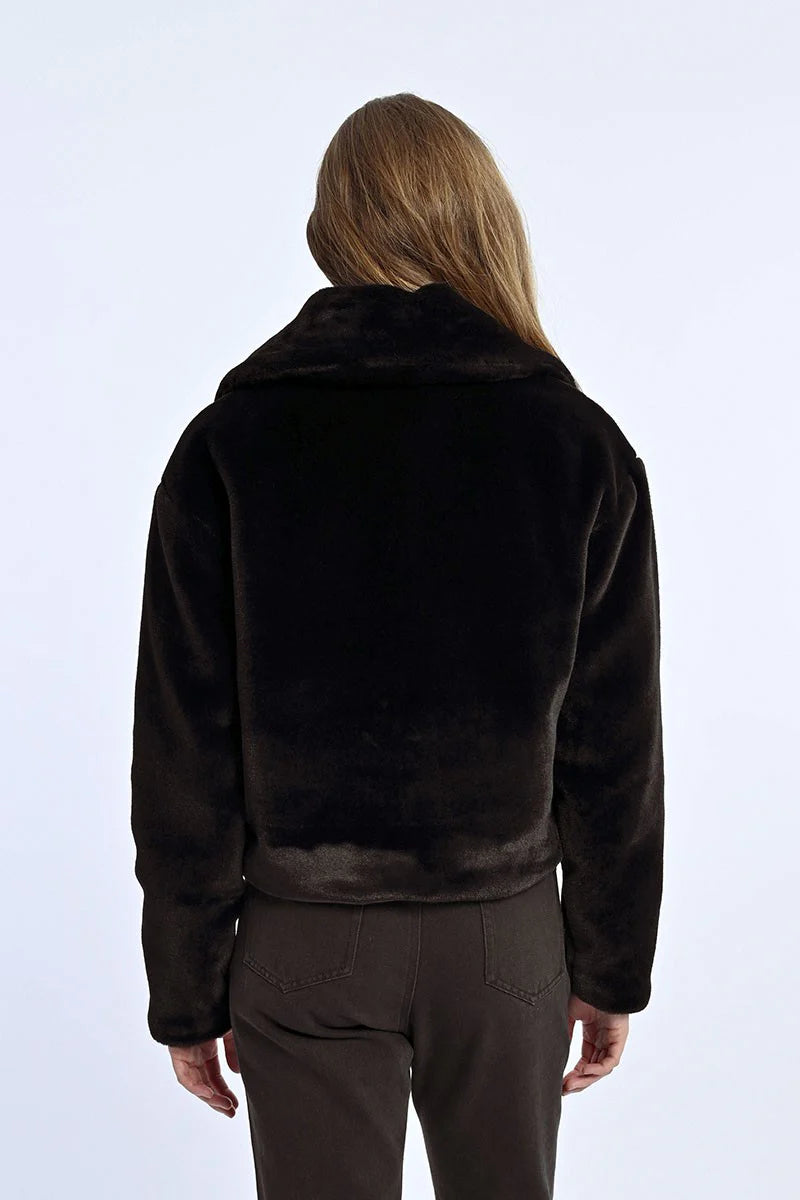 Molly Bracken Faux Fur Cropped Jacket w/ Bling Buttons Black