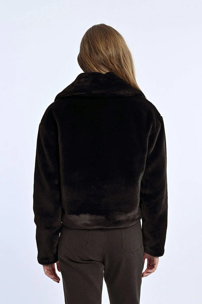 Molly Bracken Faux Fur Cropped Jacket w/ Bling Buttons Black