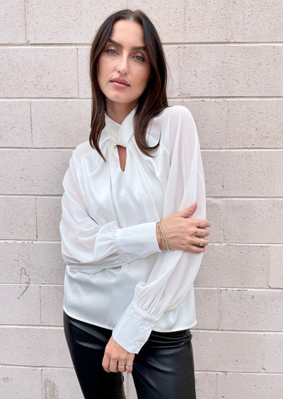 The Pink Door Satin Twisted Neck Blouse - White