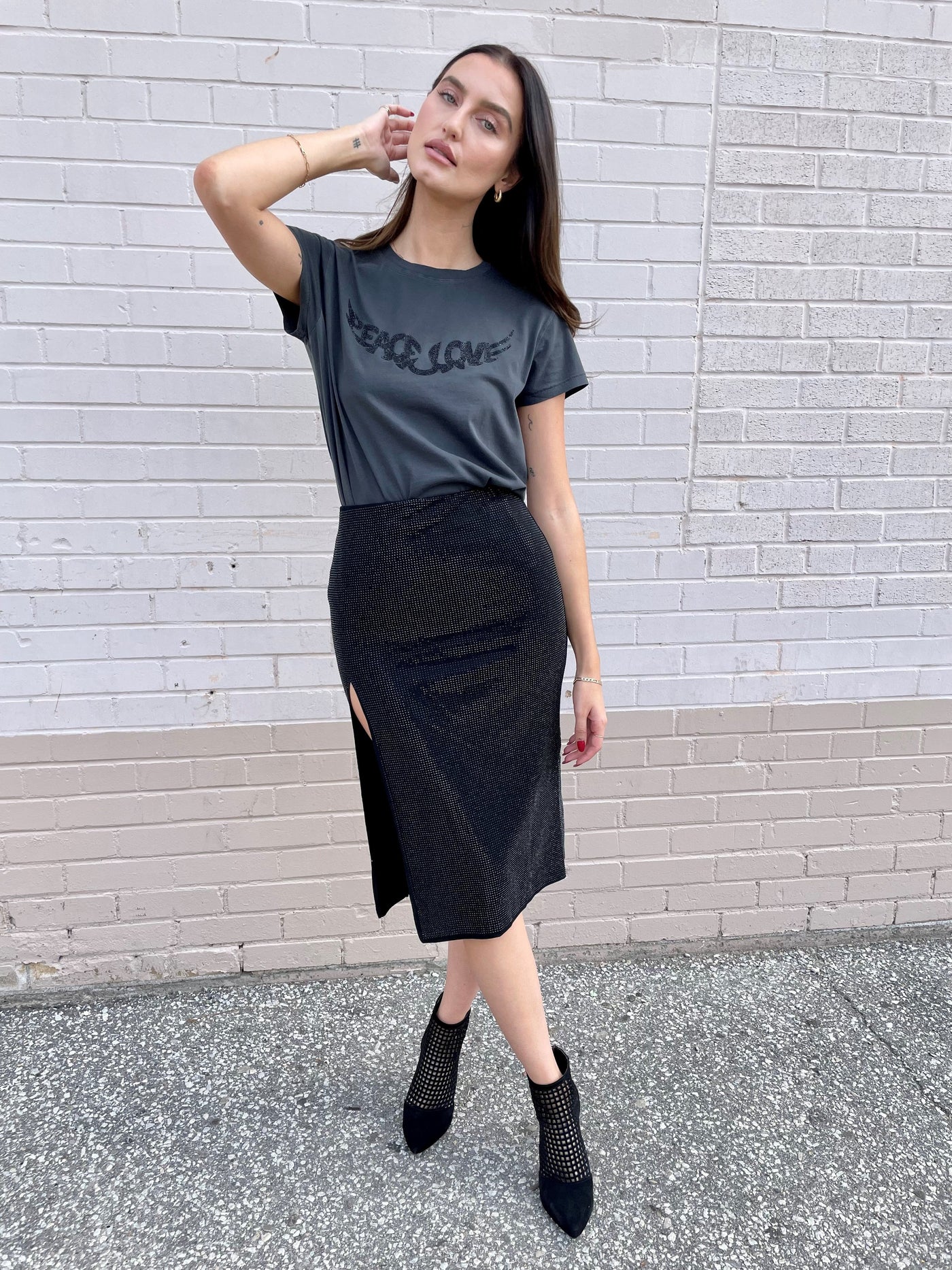 The Pink Door Rhinestone Mid Length Skirt - Black
