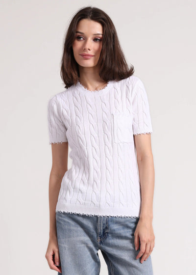 Minnie Rose Cotton Frayed Cable Short Sleeve Tee White