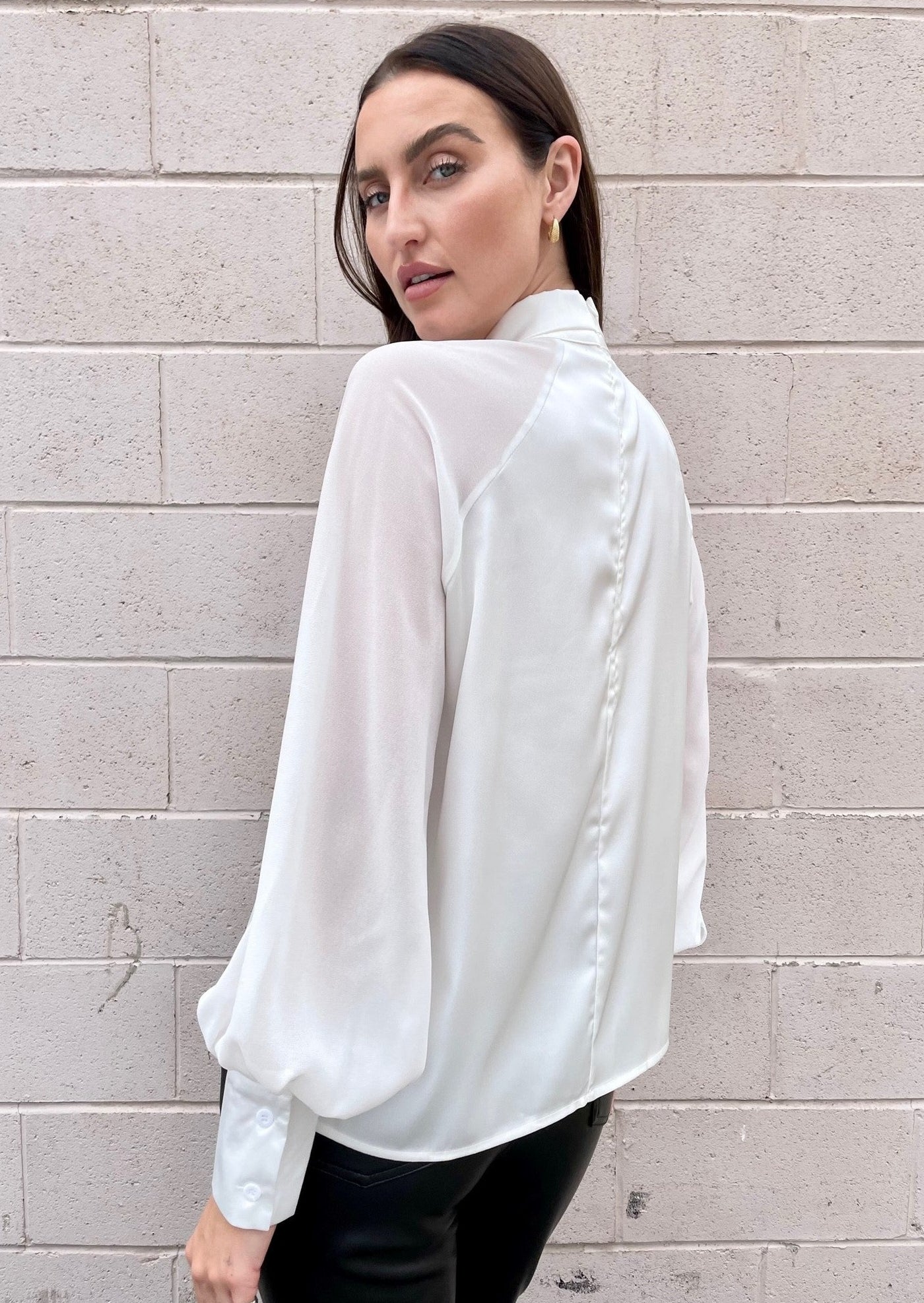 The Pink Door Satin Twisted Neck Blouse - White