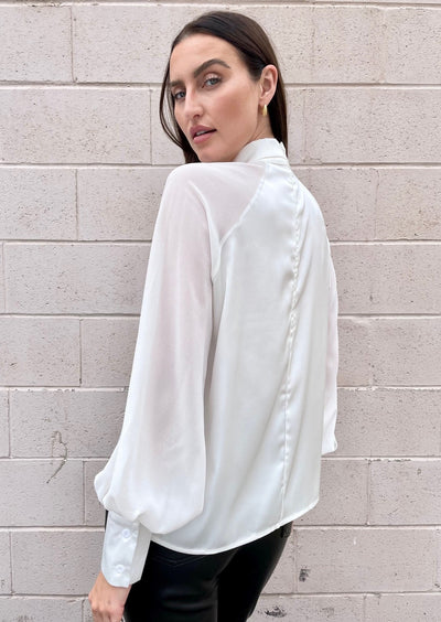 The Pink Door Satin Twisted Neck Blouse - White