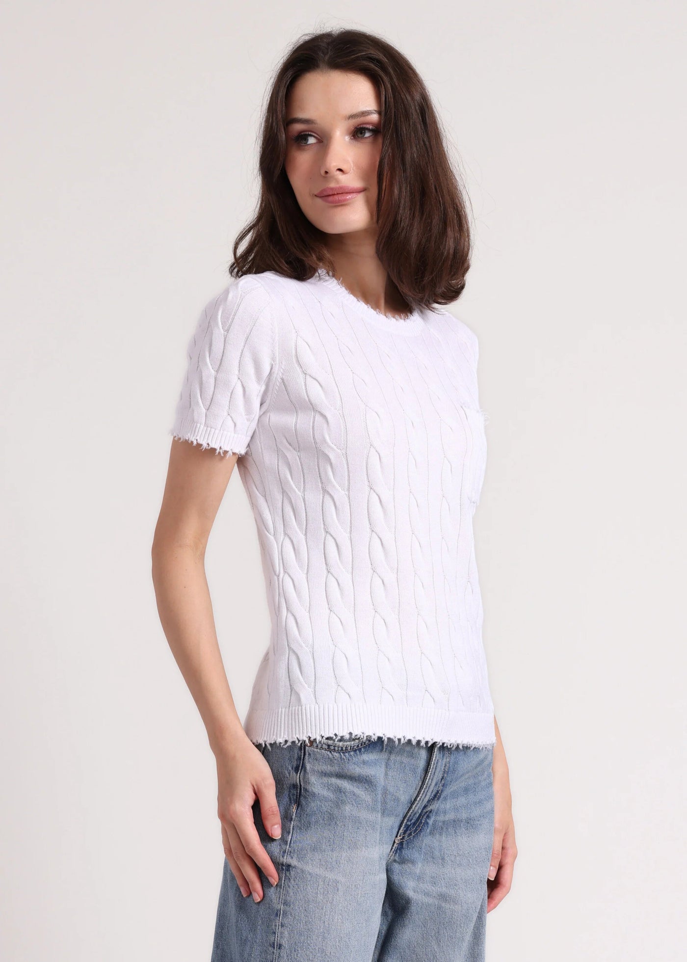 Minnie Rose Cotton Frayed Cable Short Sleeve Tee White