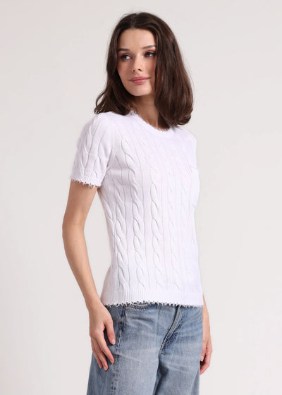 Minnie Rose Cotton Frayed Cable Short Sleeve Tee White