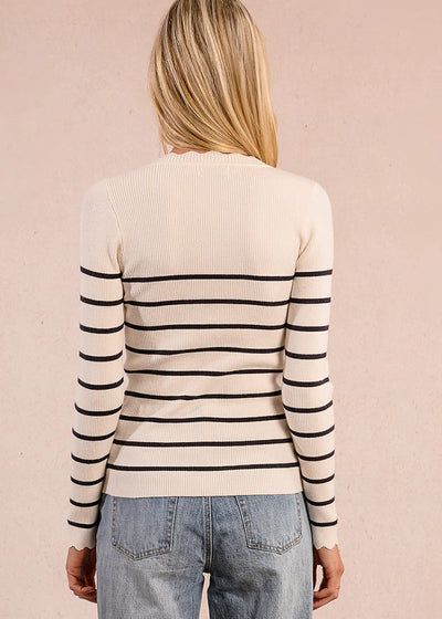 Molly Bracken Striped Rib Knit Gold Buttons Sweater Ivory