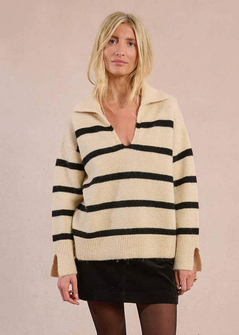 Molly Bracken Nautical Polo Sweater Off White/Black