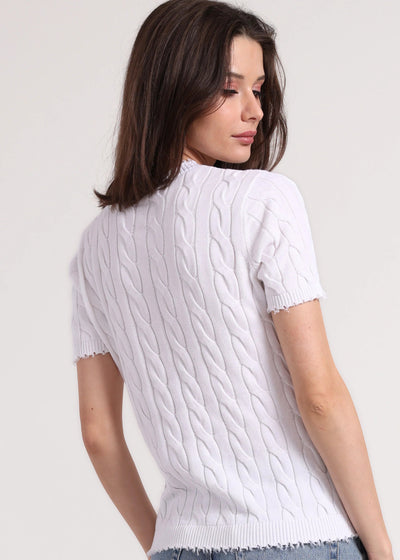 Minnie Rose Cotton Frayed Cable Short Sleeve Tee White