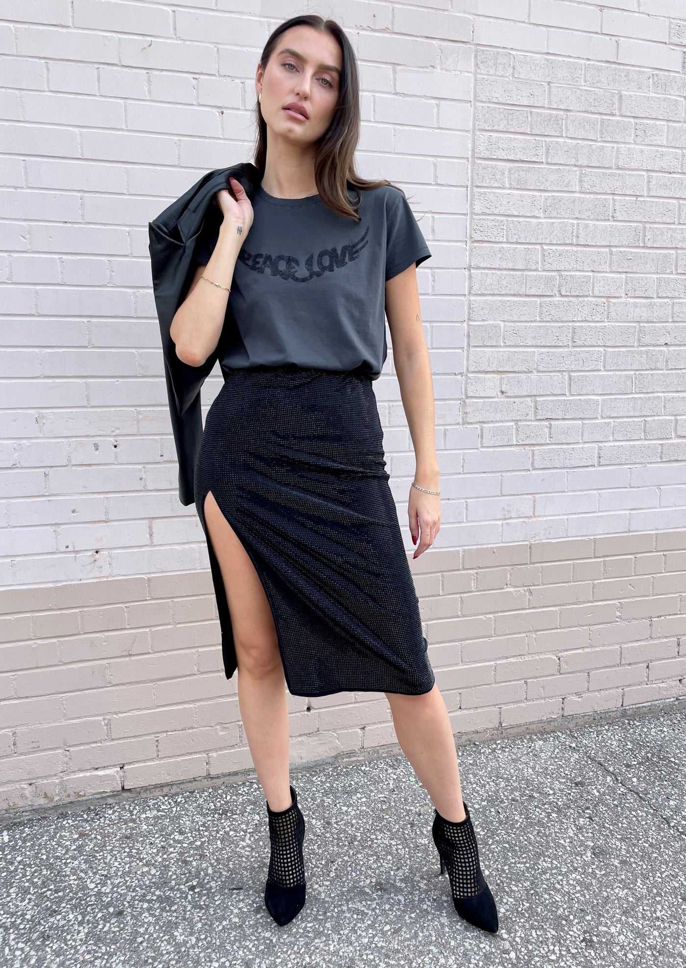 The Pink Door Rhinestone Mid Length Skirt - Black