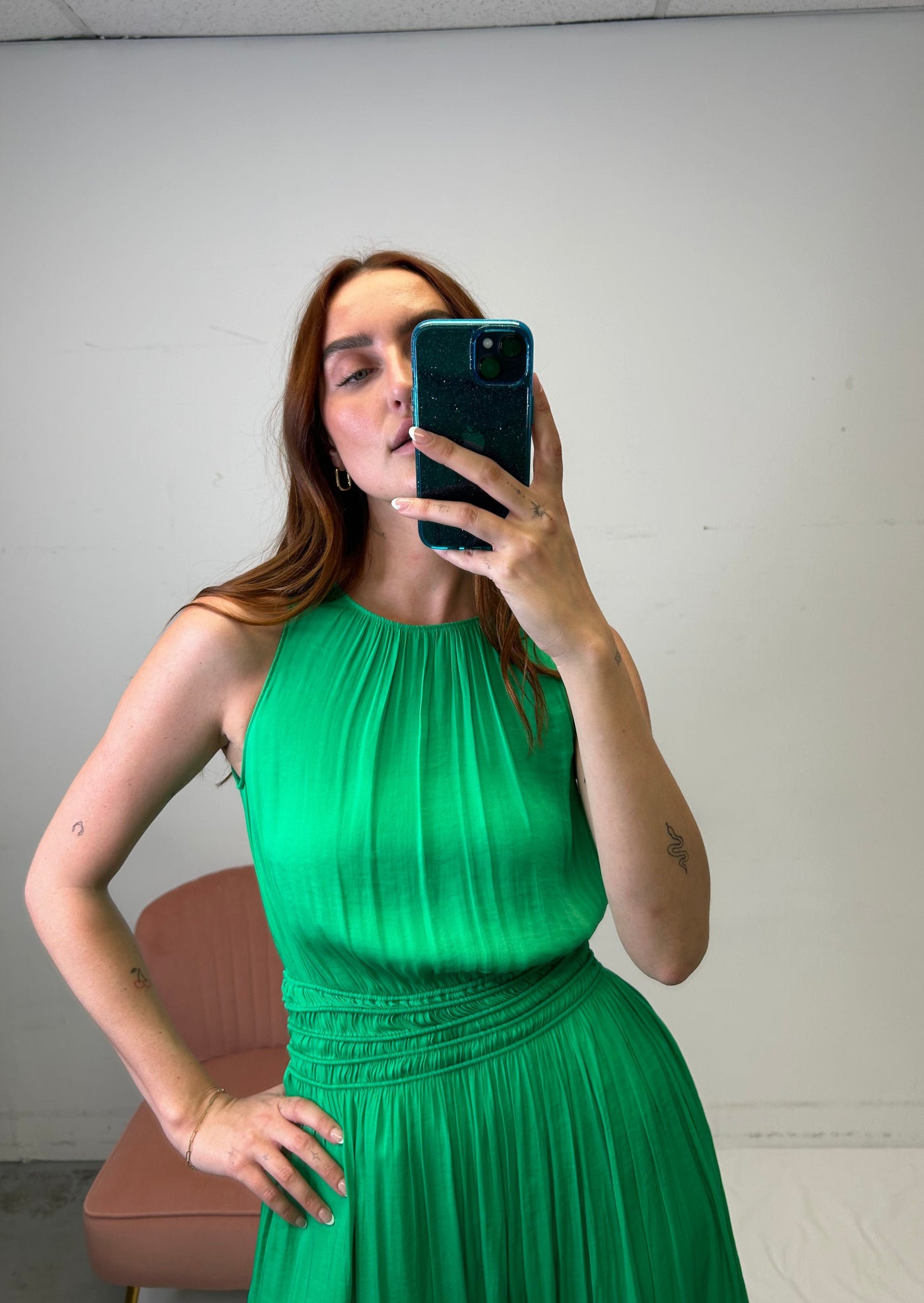 The Pink Door High Neck Silky Dress Green
