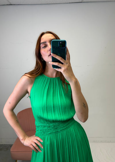 The Pink Door High Neck Silky Dress Green