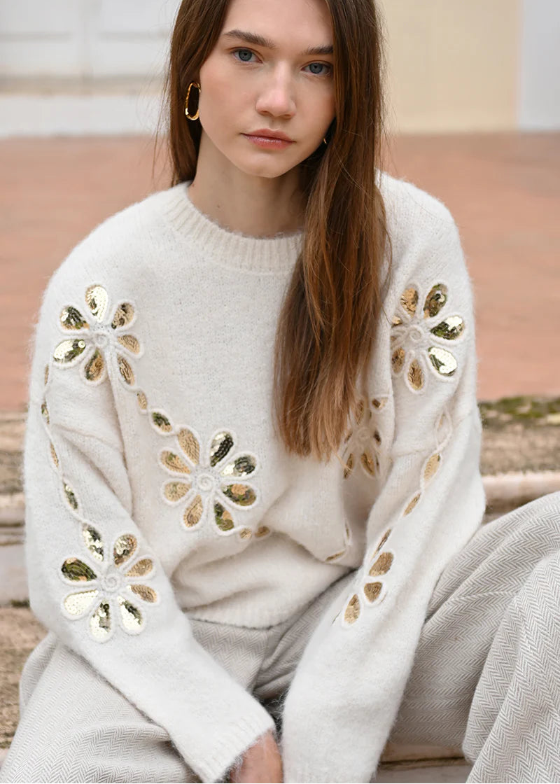 Molly Bracken Gold Sequin Floral Sweater Cream