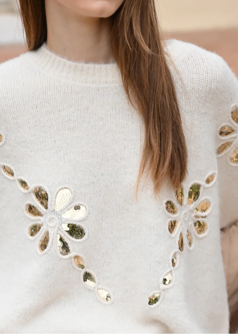 Molly Bracken Gold Sequin Floral Sweater Cream