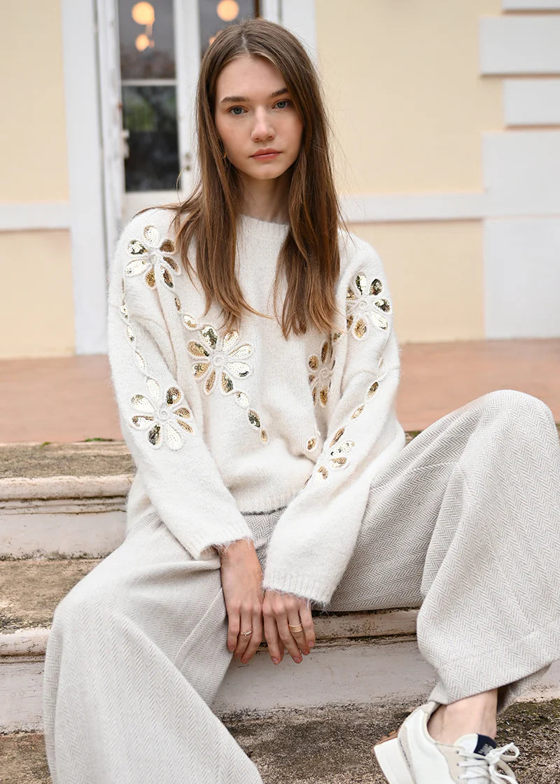 Molly Bracken Gold Sequin Floral Sweater Cream