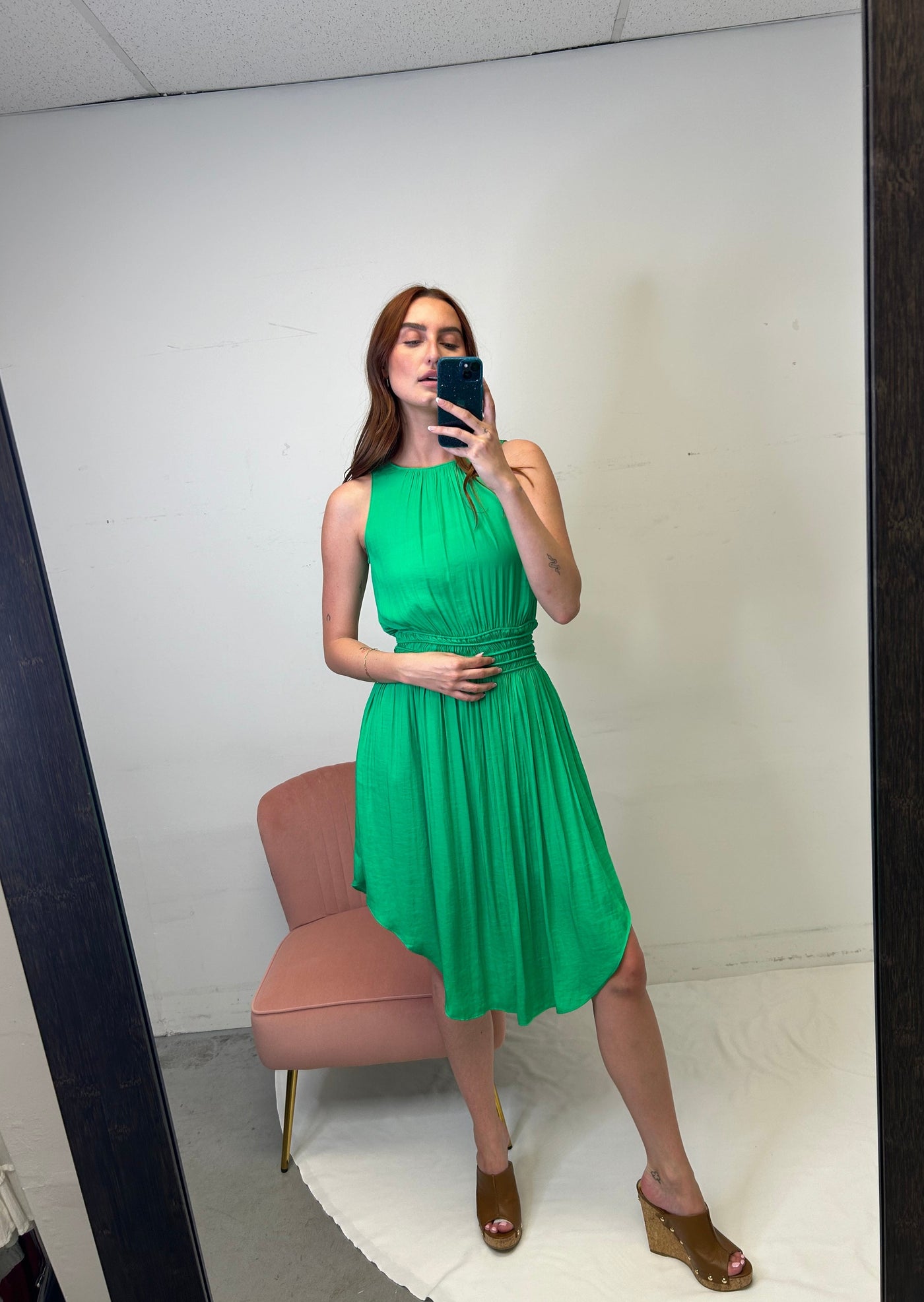The Pink Door High Neck Silky Dress Green