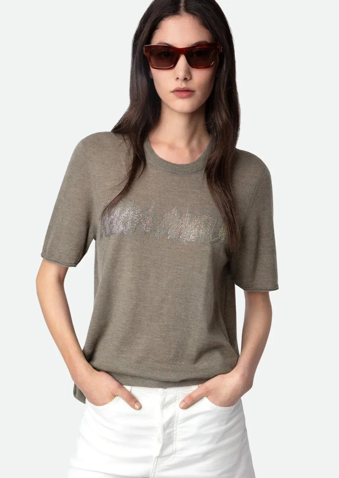 Zadig & Voltaire Mon Amour Sparkle Cashmere Tee - Khaki