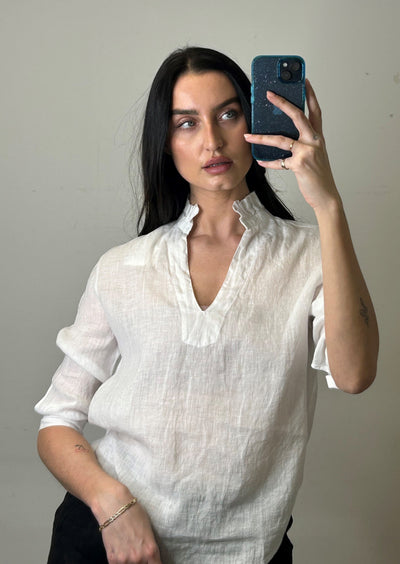 Stark X Linen Ruffle Collar V-neck Shirt - White