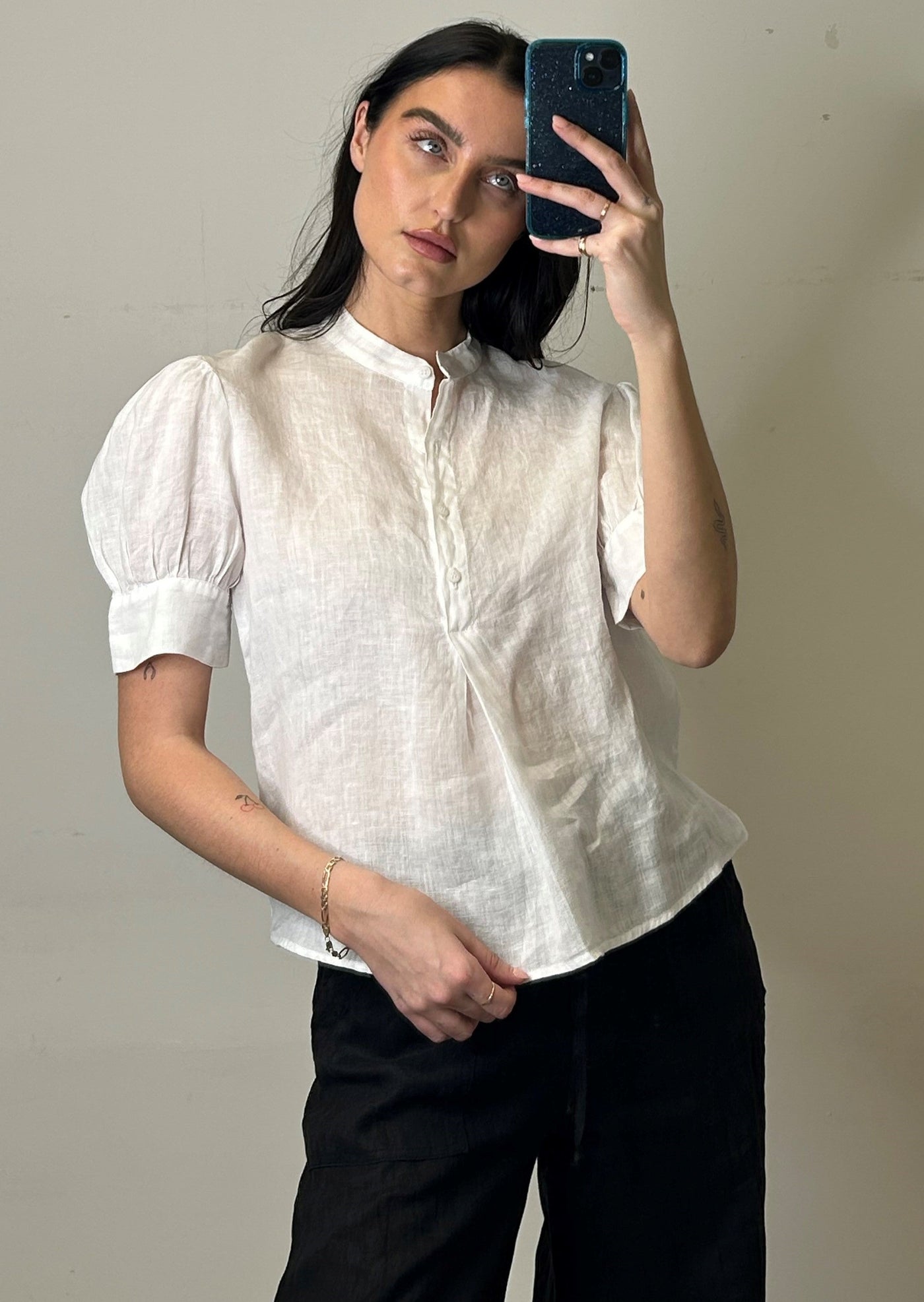 Stark X Linen Puff Sleeve Wide Cuff Shirt - White