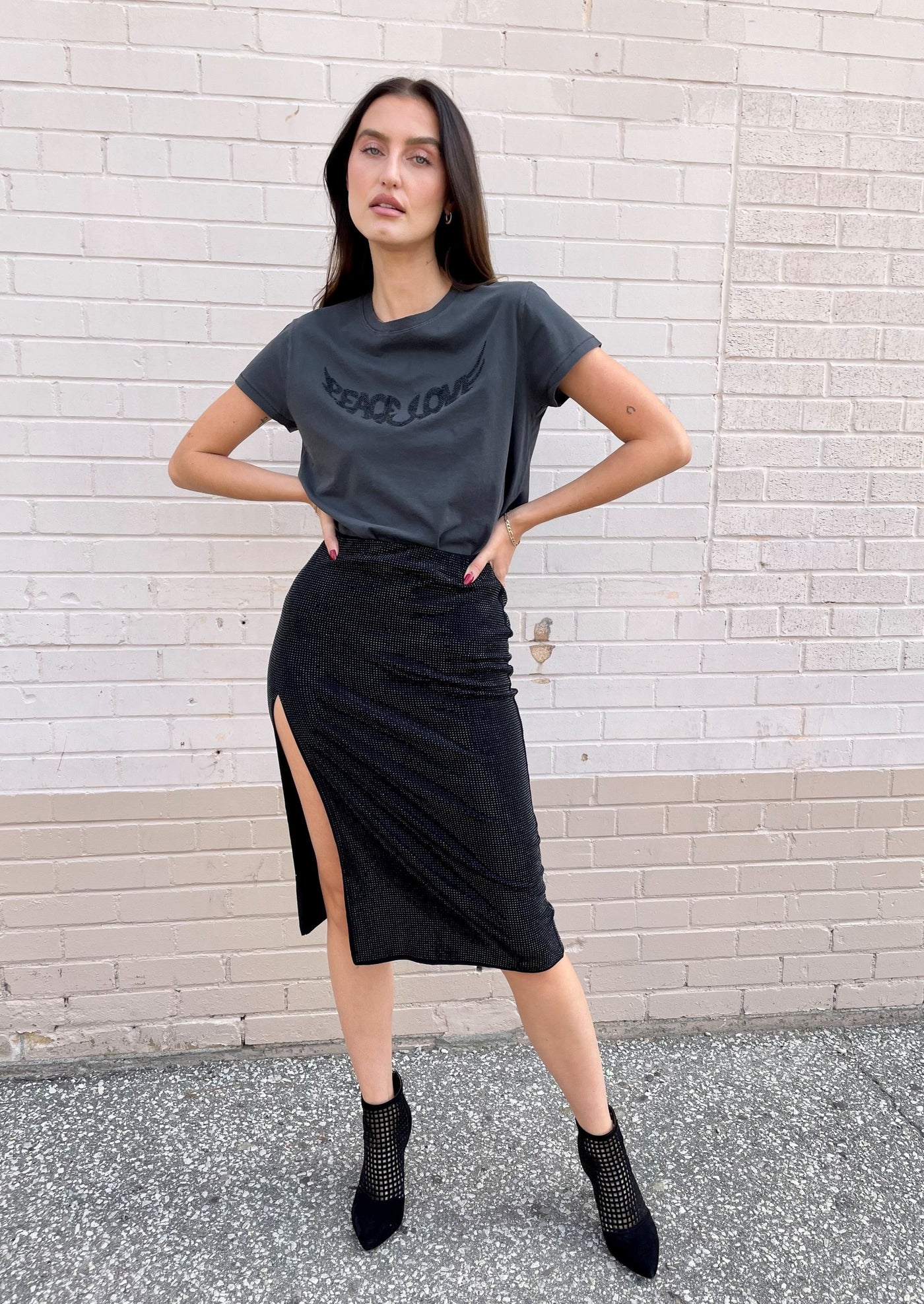The Pink Door Rhinestone Mid Length Skirt - Black